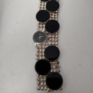 Vintage 1970s Handmade geometric wristwatch gold and black colors, metal chain